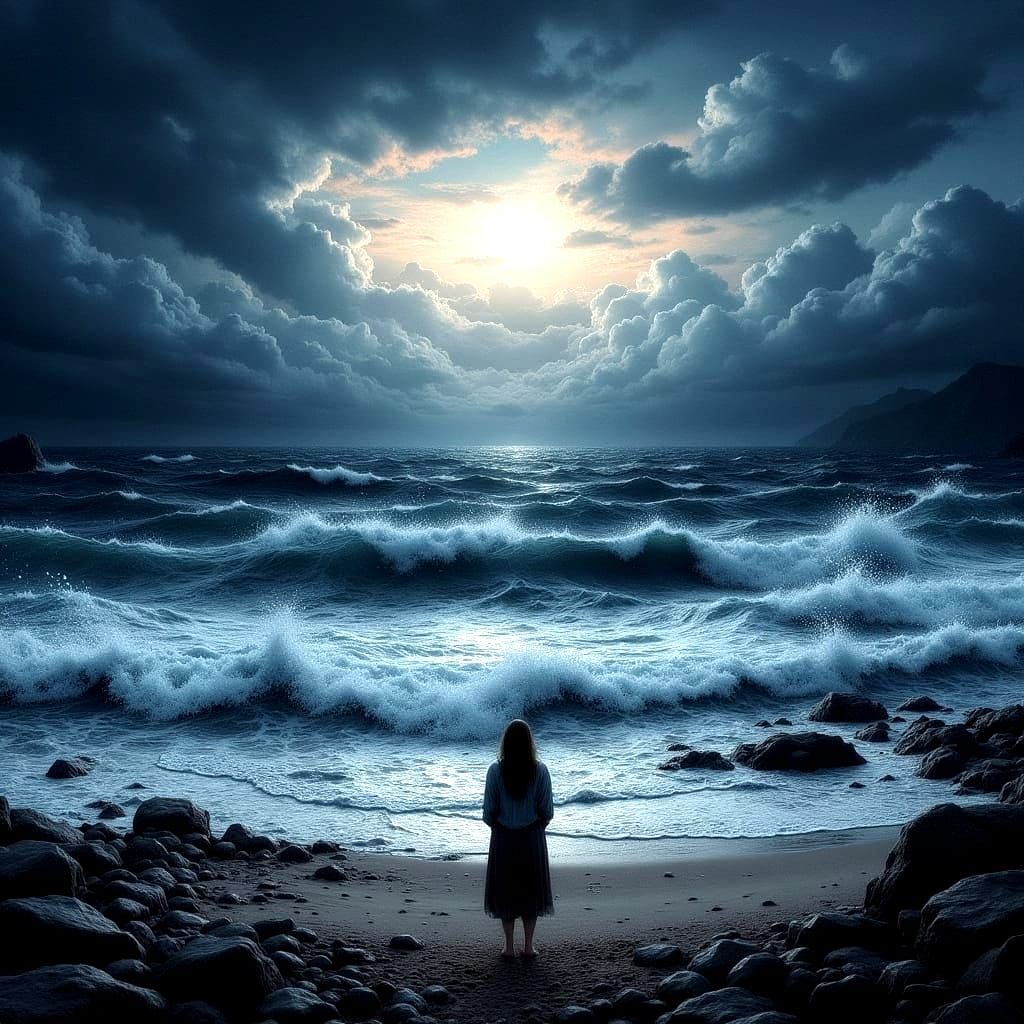 Moody Twilight: Figure Gazing at Stormy Sea