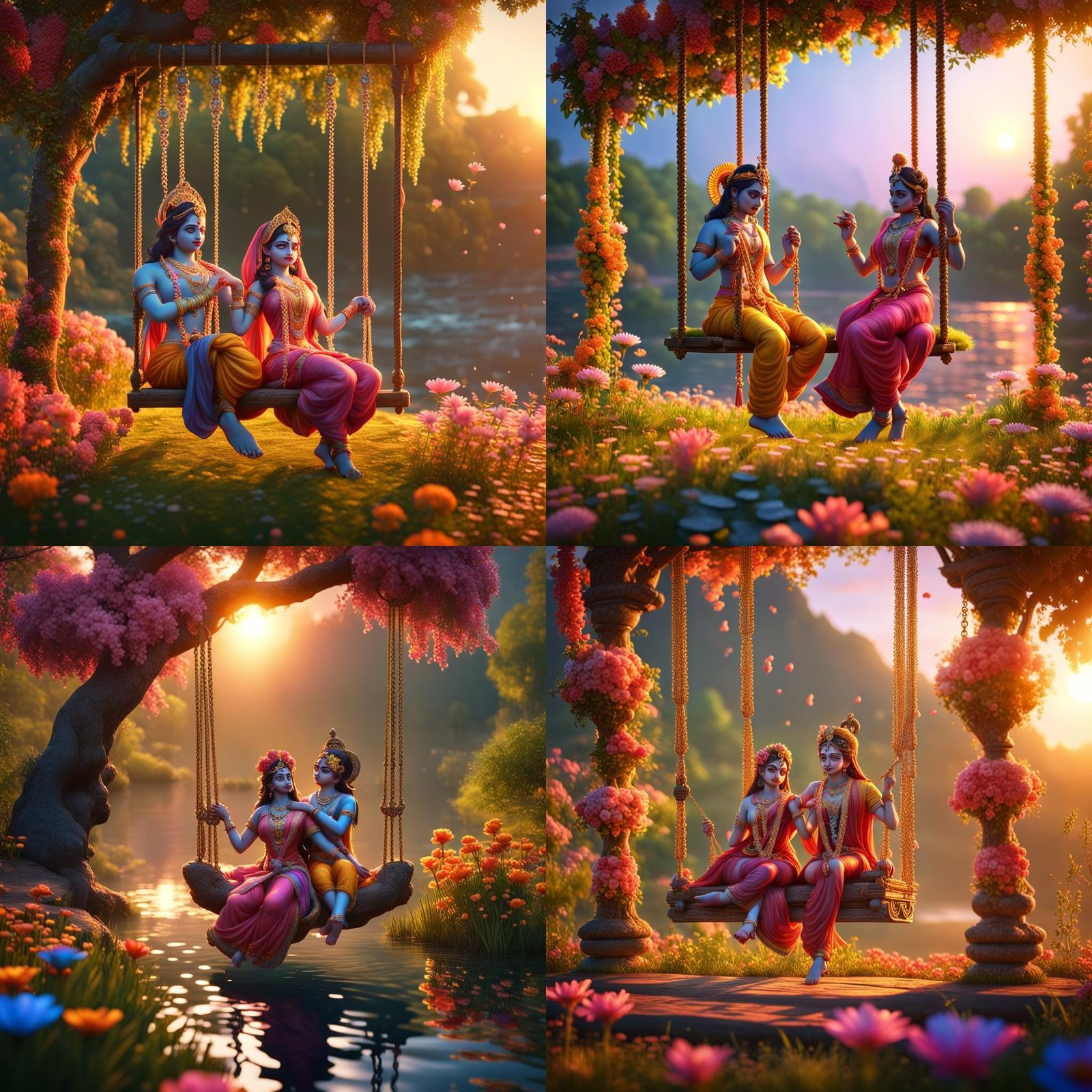 Radha Krishna on swing in full of colourfull flowers forest near river at sun set time