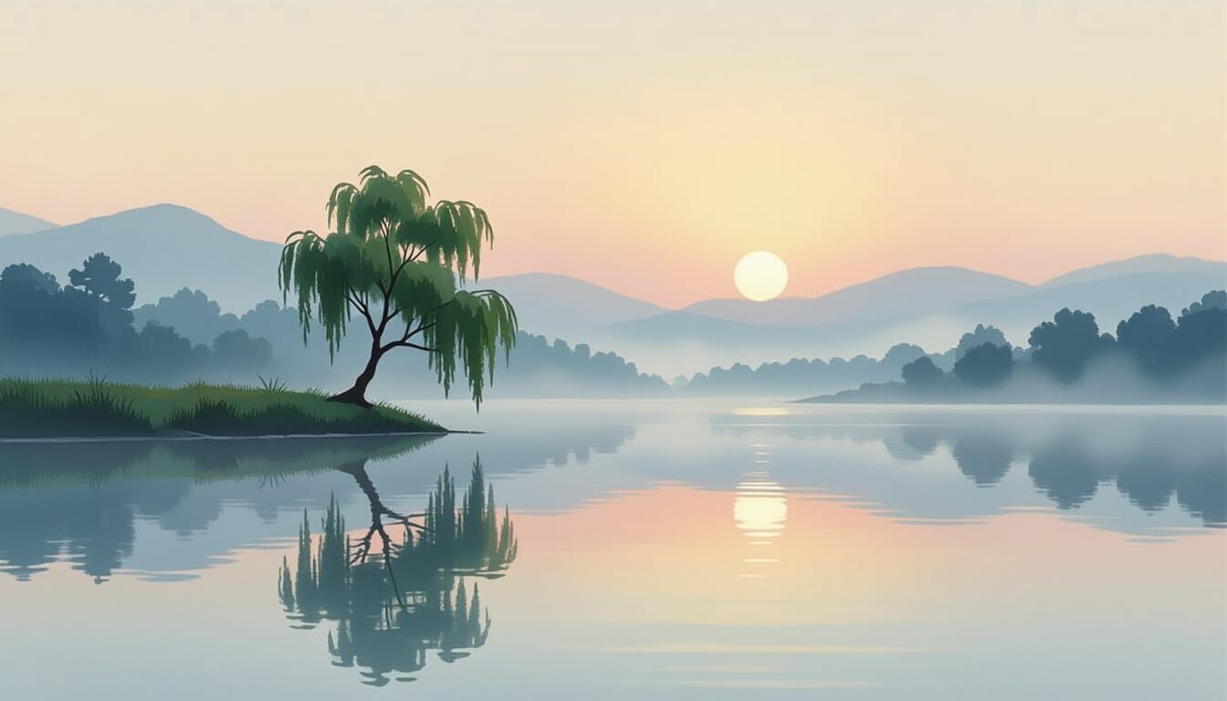Serene Mist-Shrouded Lake at Dawn Minimalist Painting