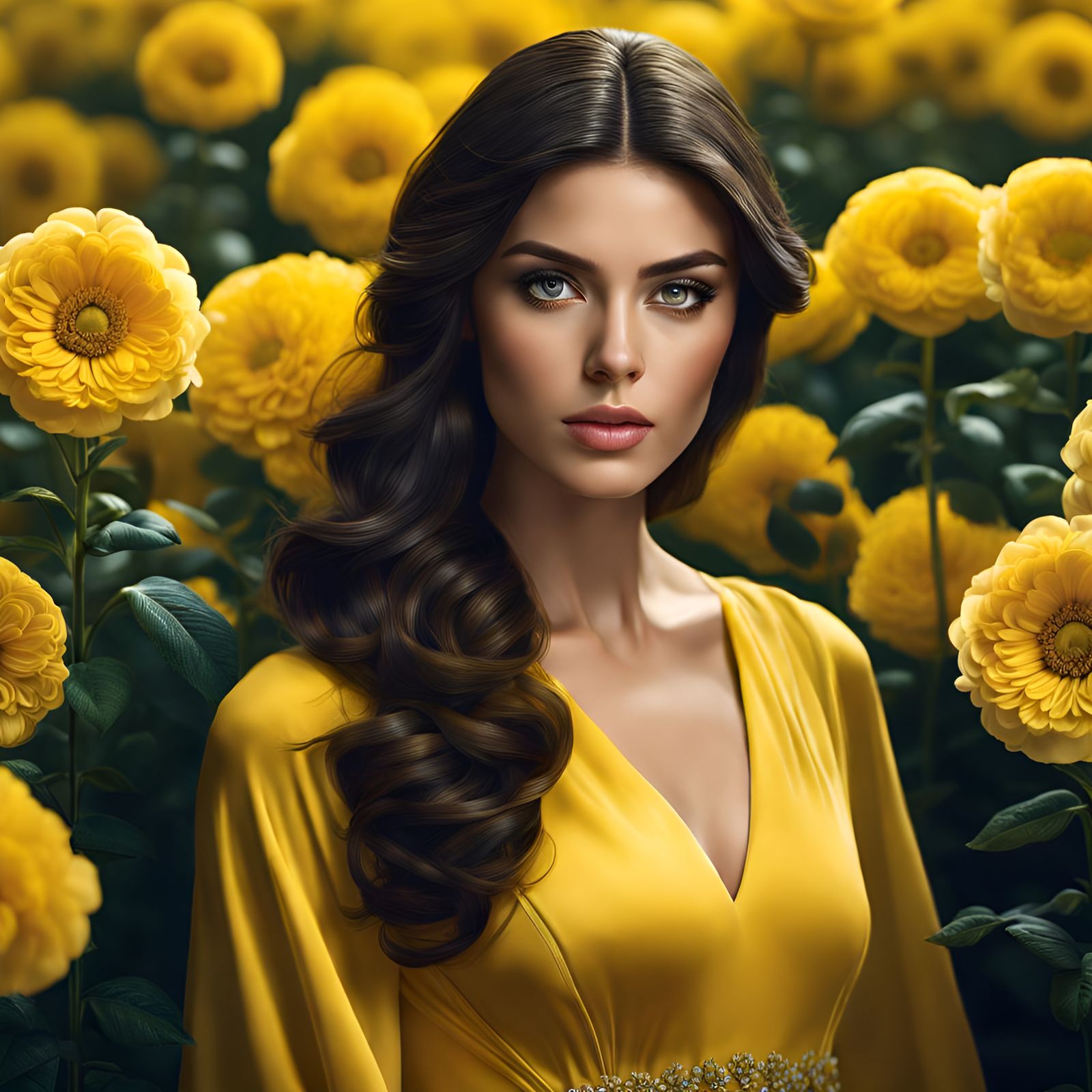 Brunette in Yellow Dress Surrounded by Flowers: Photorealist...