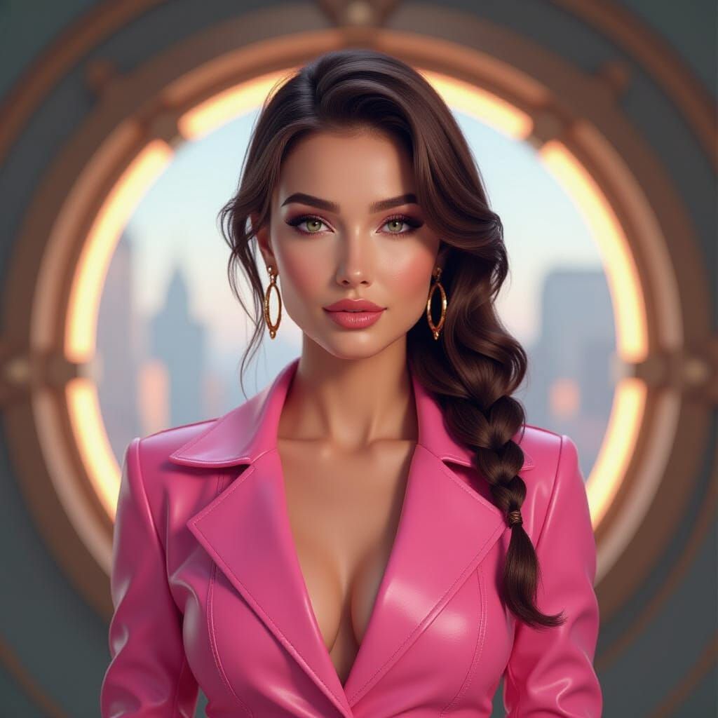 Hyper-Realistic Portrait: Russian Woman in Pink Leather