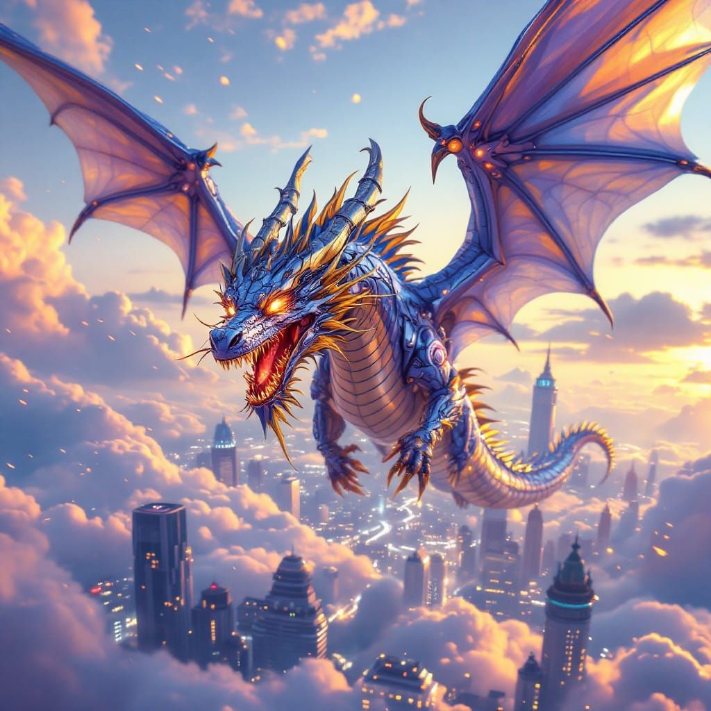 Steampunk Dragon Soaring Over Futuristic Metropolis