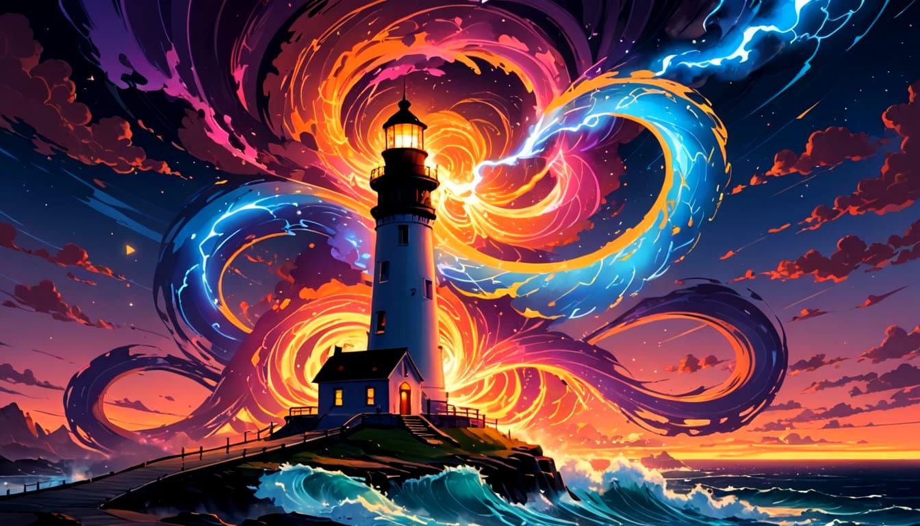 Lighthouse in Neon Vortex: Surreal Digital Painting