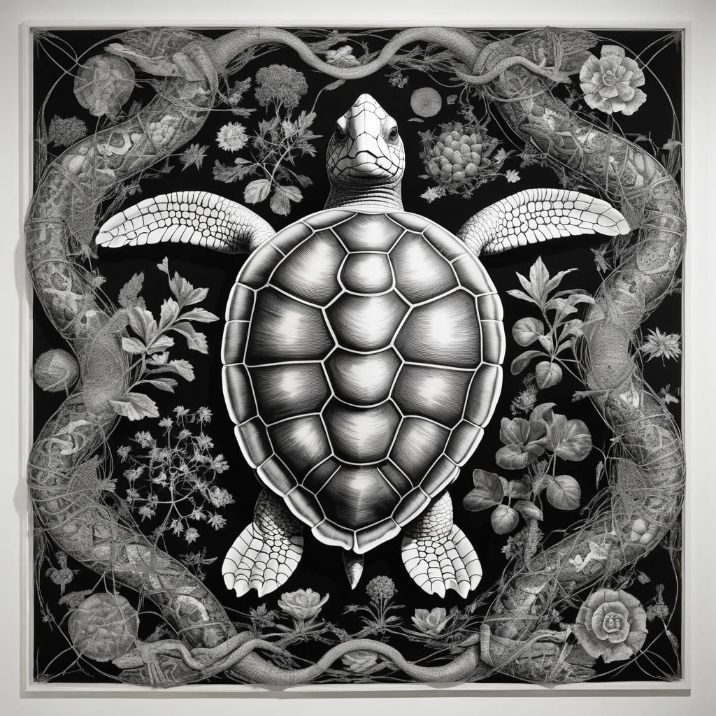 Turtle Weaving Infinite Network in Fornasetti Style