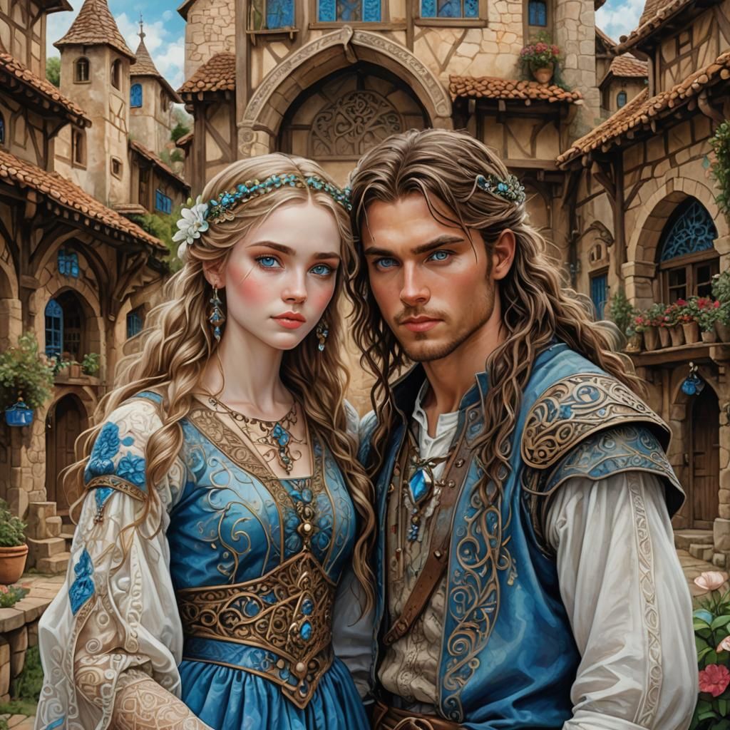 Fantasy Couple in Medieval Village, Hyperdetailed Photoreali...