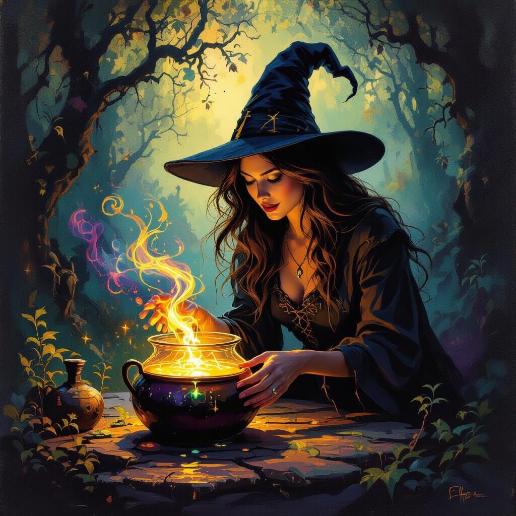 Abstract Witch with Magical Potion in Expressive Oil Style