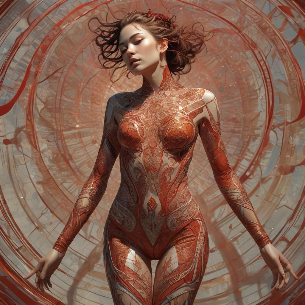 Stunning Woman Embodied in Translucent Red Lines