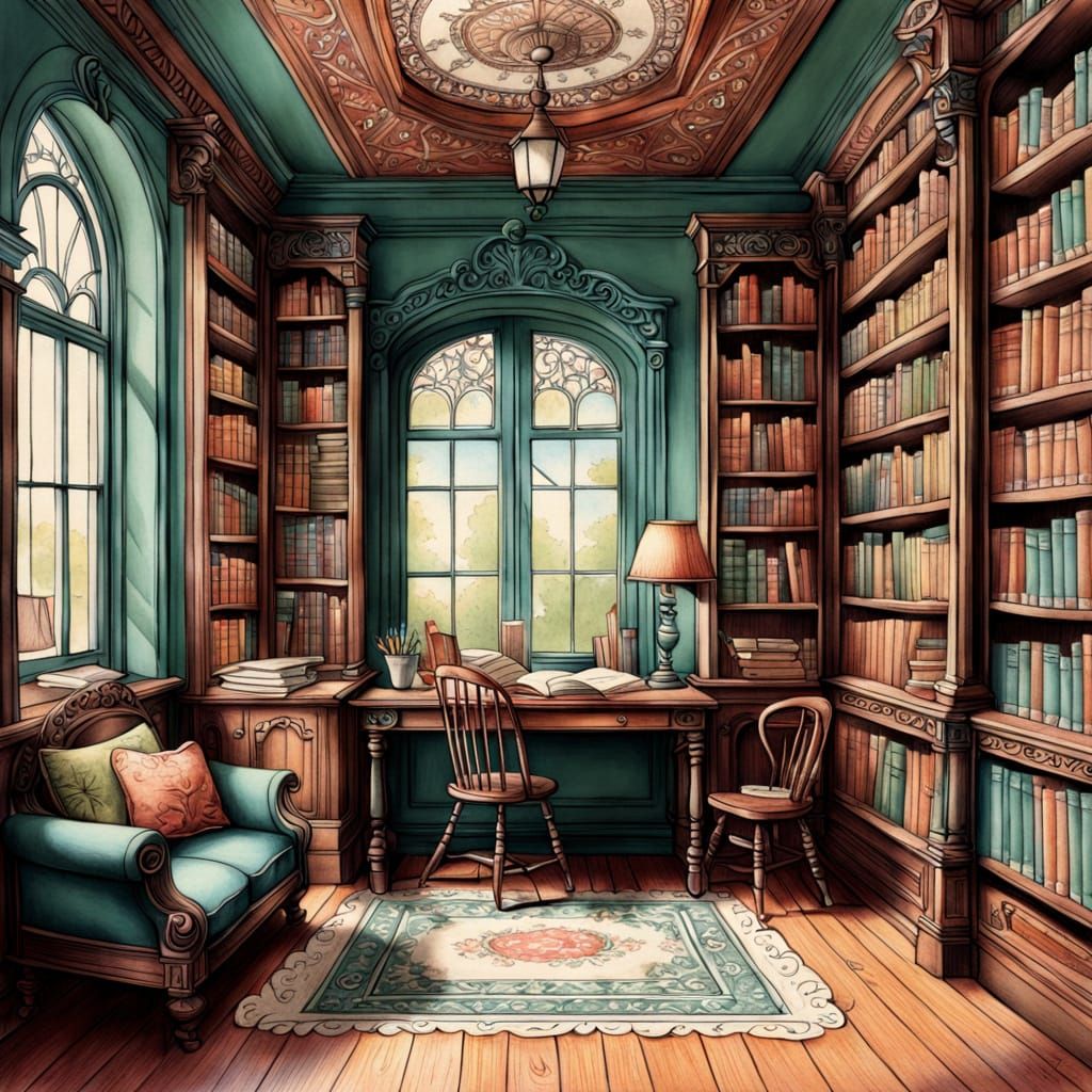 Charming Old-Fashioned Library in Colored Pencil Style