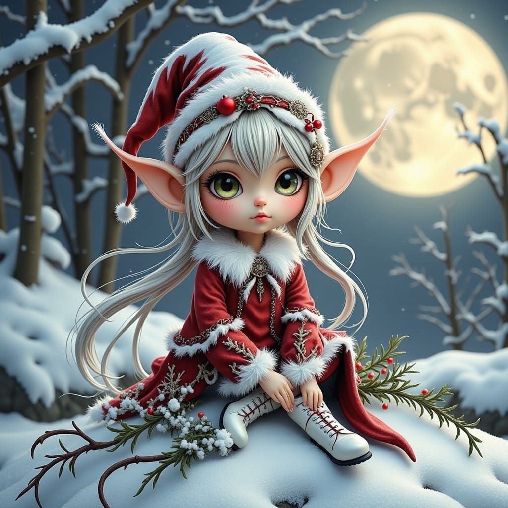 Whimsical Chibi Christmas Elf in Art Nouveau and Gothic Styl...