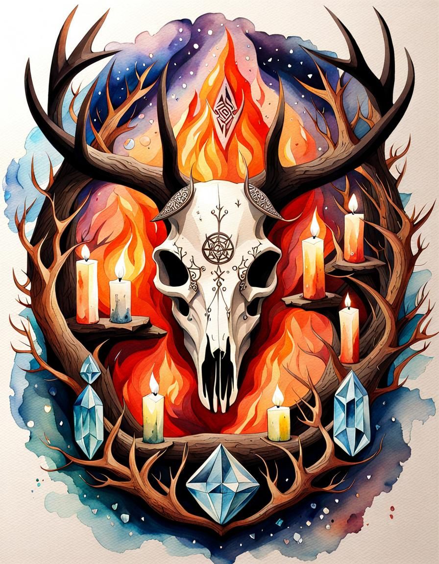 Deer Skull with Viking Runes in Watercolour