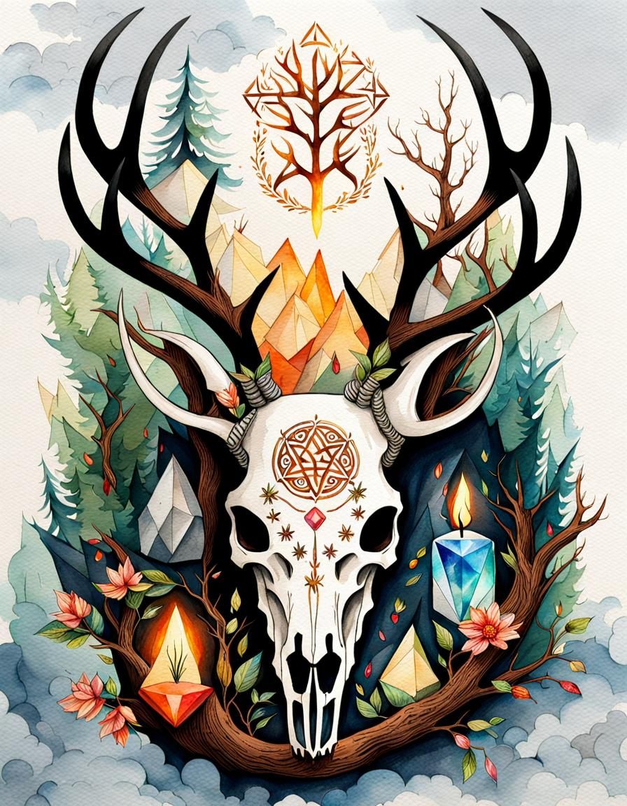 Watercolor Deer Skull with Viking Runes and Crystals
