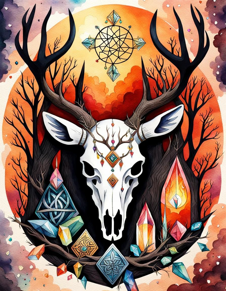 Magical Deer Skull Watercolour with Viking Runes