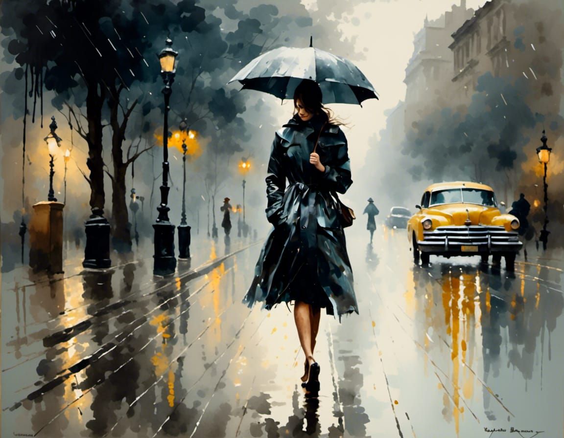 Woman in Rain: Antique Watercolor Impasto Painting