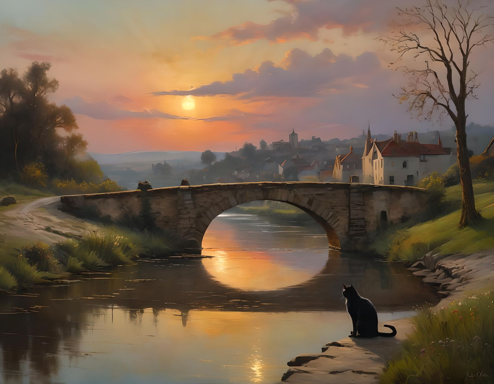 Medieval Sunset Bridge with Cat, Nerdrum Style