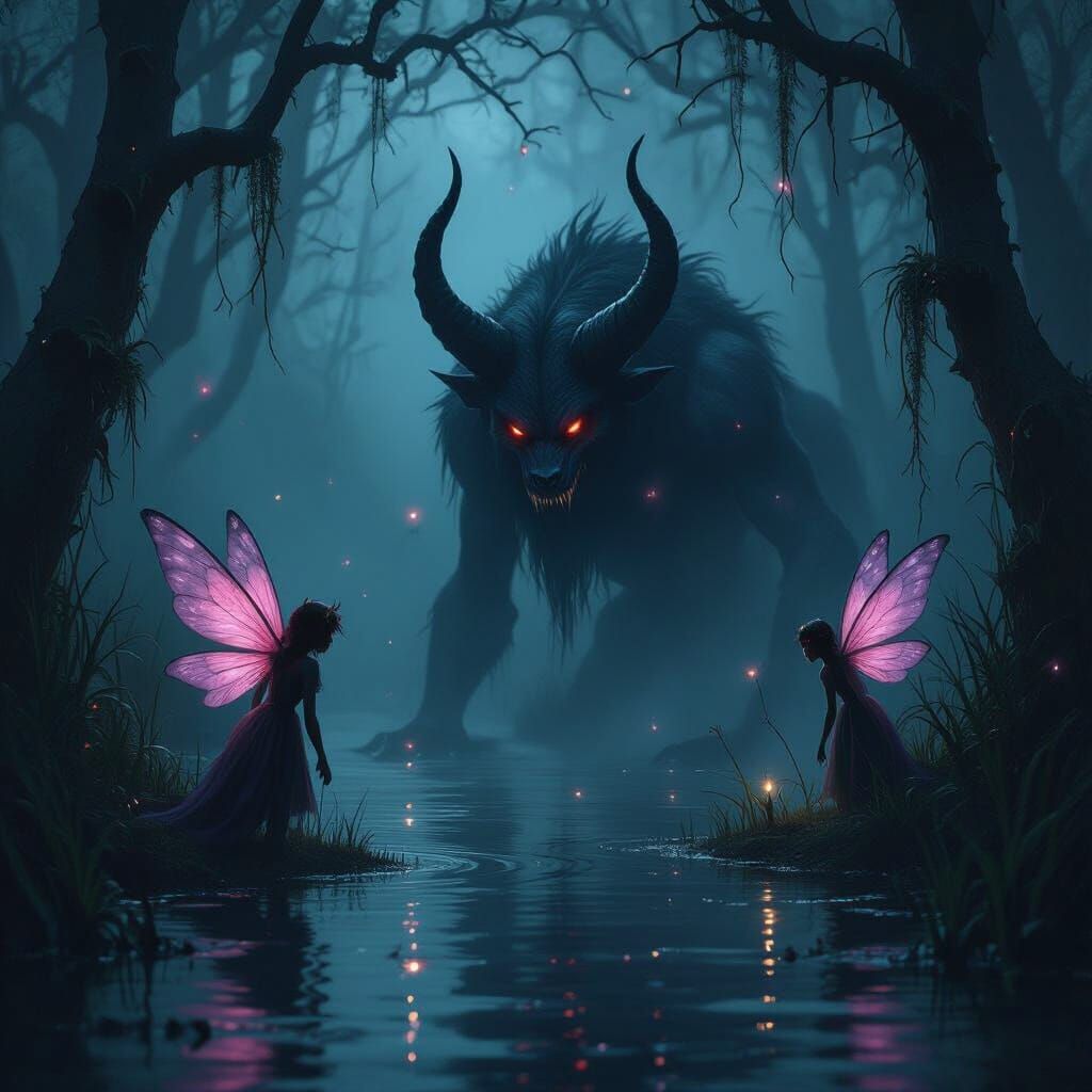 Mystical Swamp at Night with Fairies and Creature