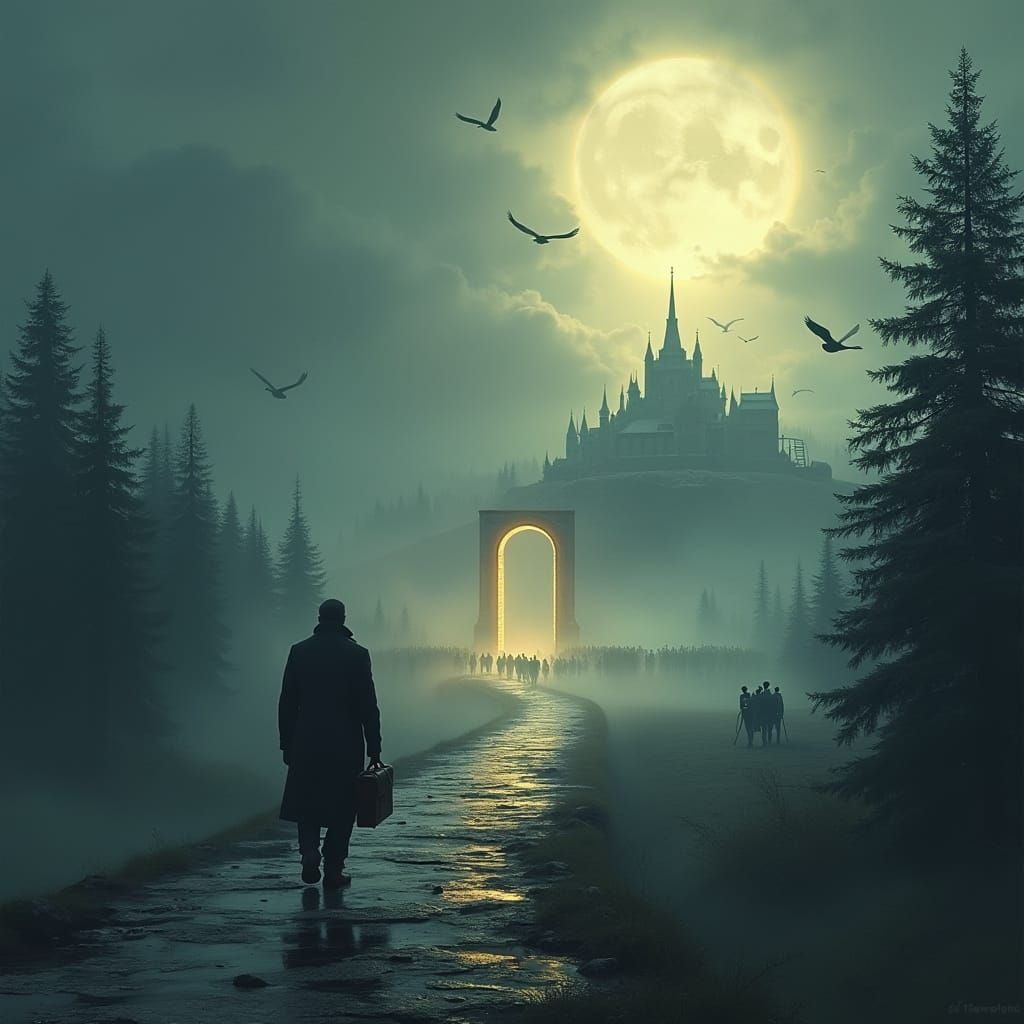 Lone Figure Walks Towards Archway in Dramatic Landscape