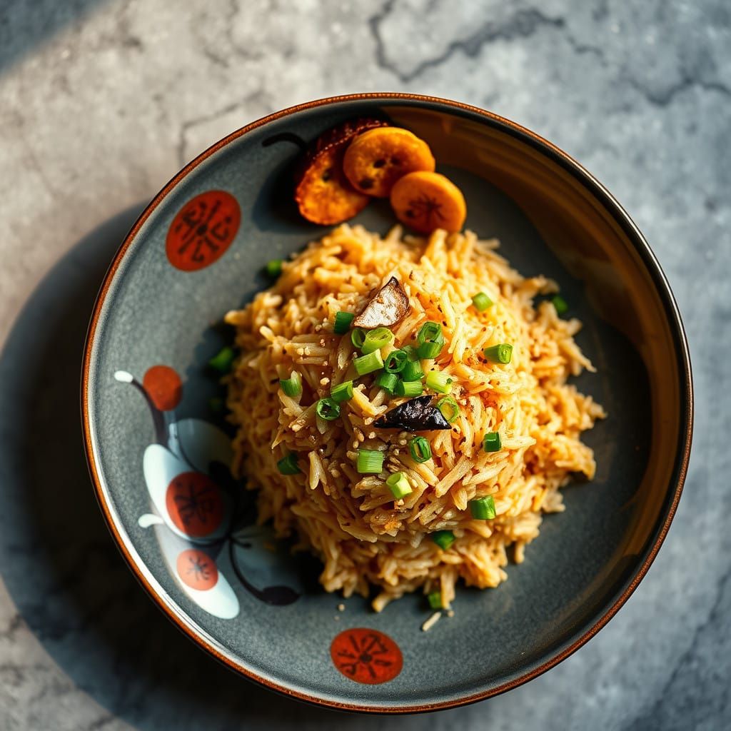 Steaming Chinese-Nigerian Jollof Fried Rice in Artistic Flat...