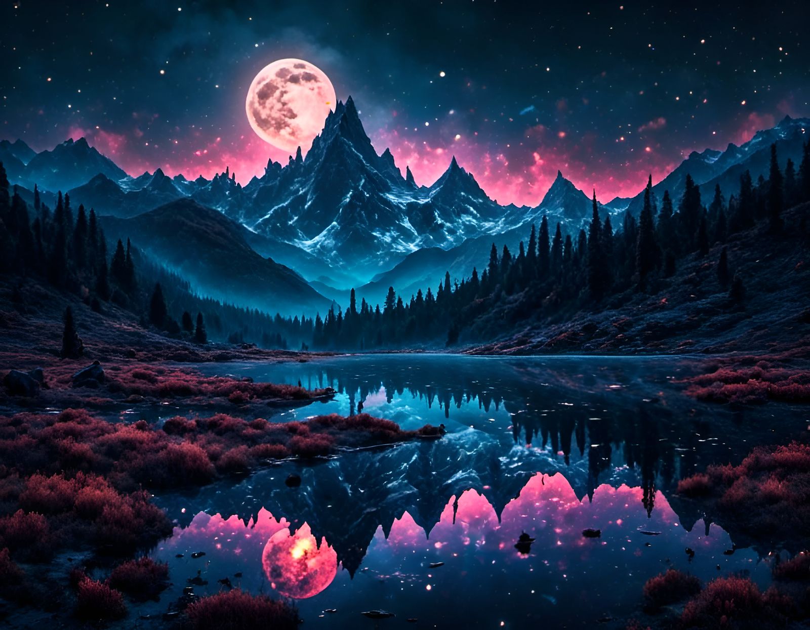 Dramatic Moonlit Lake in Haunted Landscape