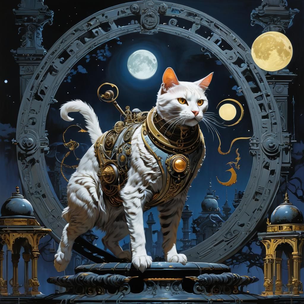 Clockwork Cat Leaping Under the Moon in Oil Painting Style