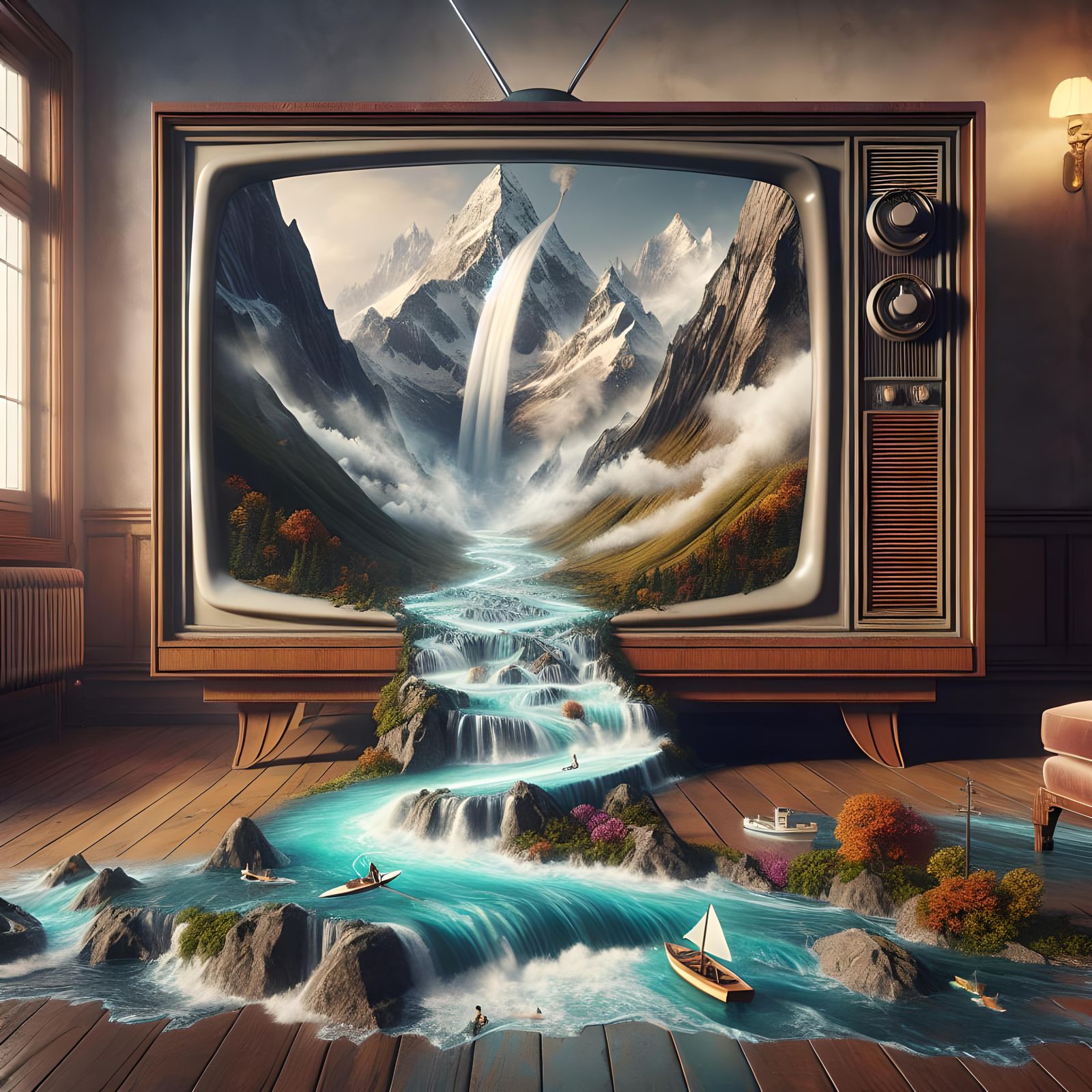 Surreal Mountain Landscape on Vintage Television