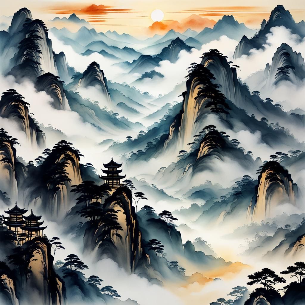 Misty Mountains: Chinese Ink Painting with Rice Paper Textur...