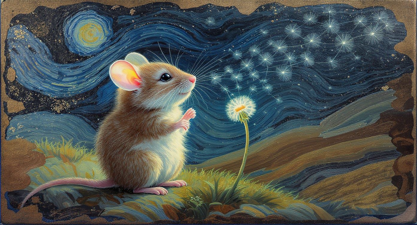 Mouse Blowing Dandelion in Oil Painting Style