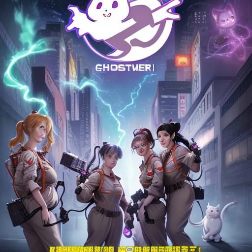 Ghostbusters vs Ghost Cat in Anime Style