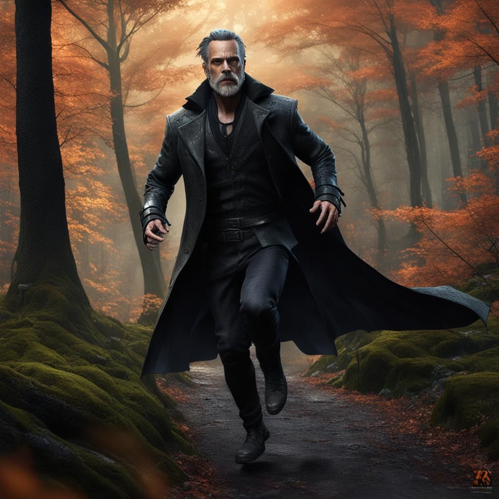 Man in Leather Coat Running Through Woods, Fantasy Art