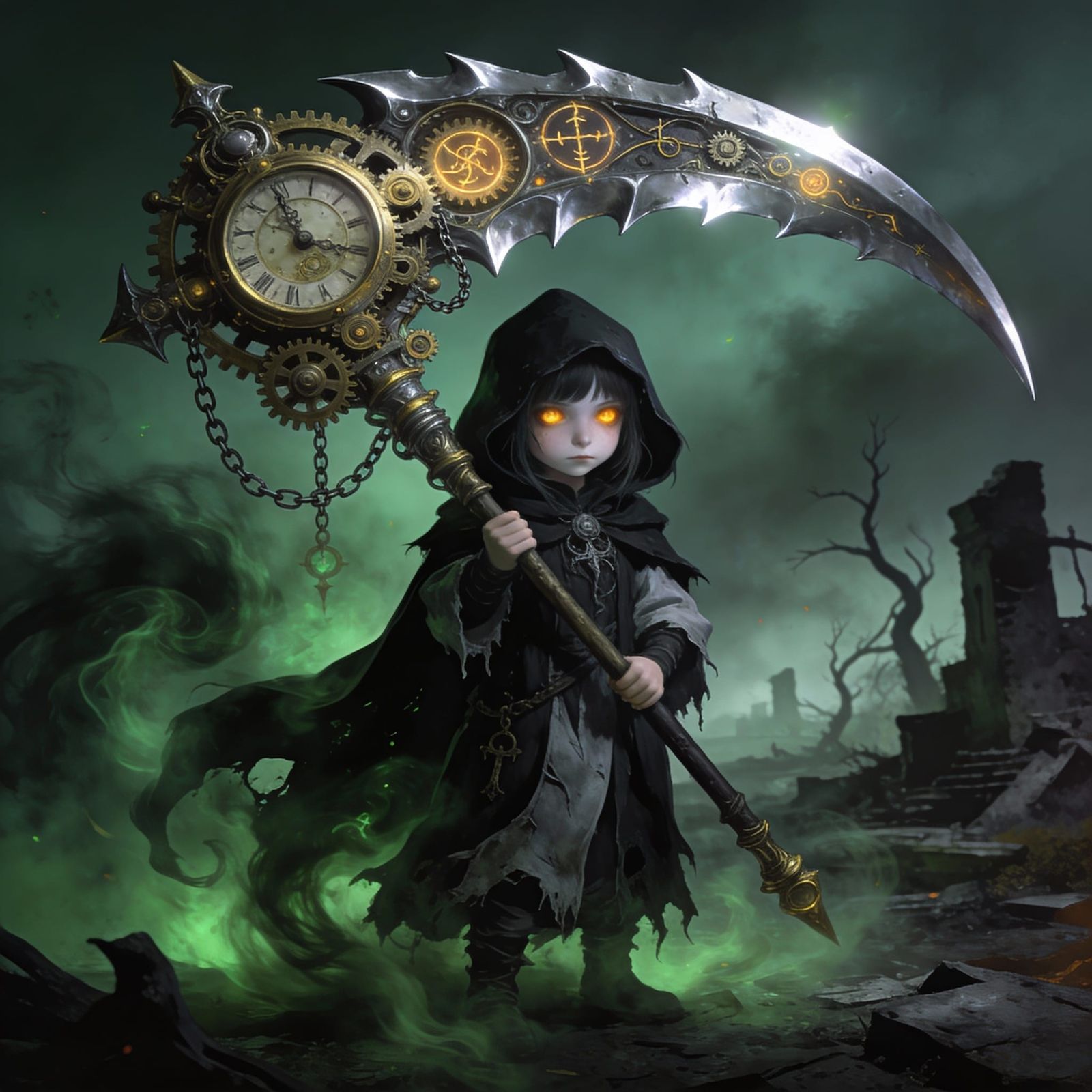 Grim Reaper Girl with Clockwork Scythe in Dark Fantasy Style