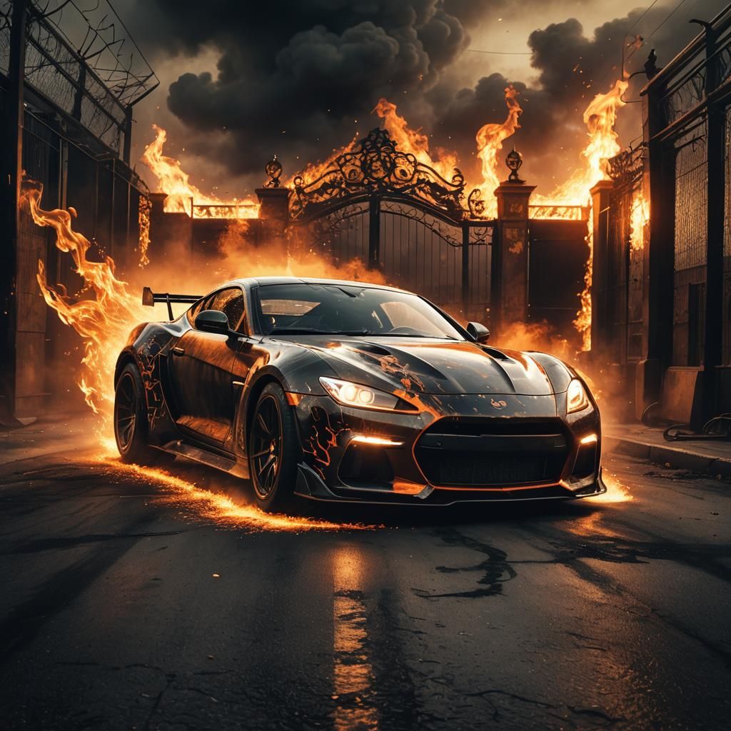 Sports Car Speeding Towards Hell: Surrealist Digital Art