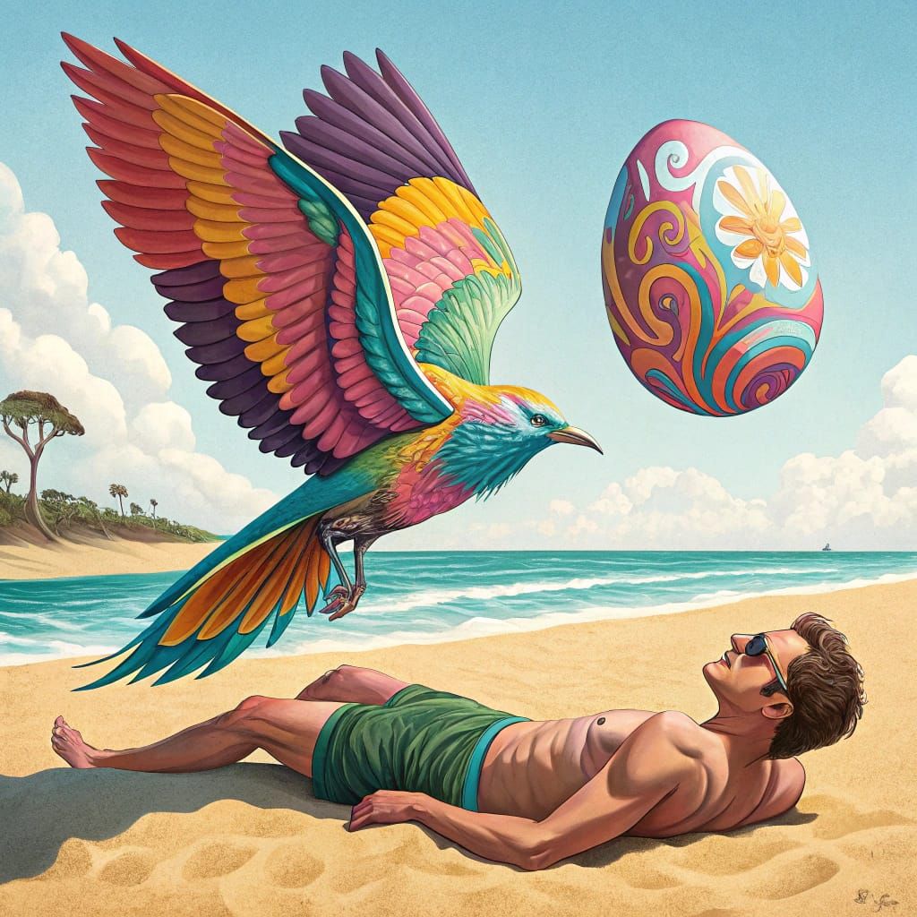 Vibrant Bird Plummets Coloured Egg onto Sunbathing Man