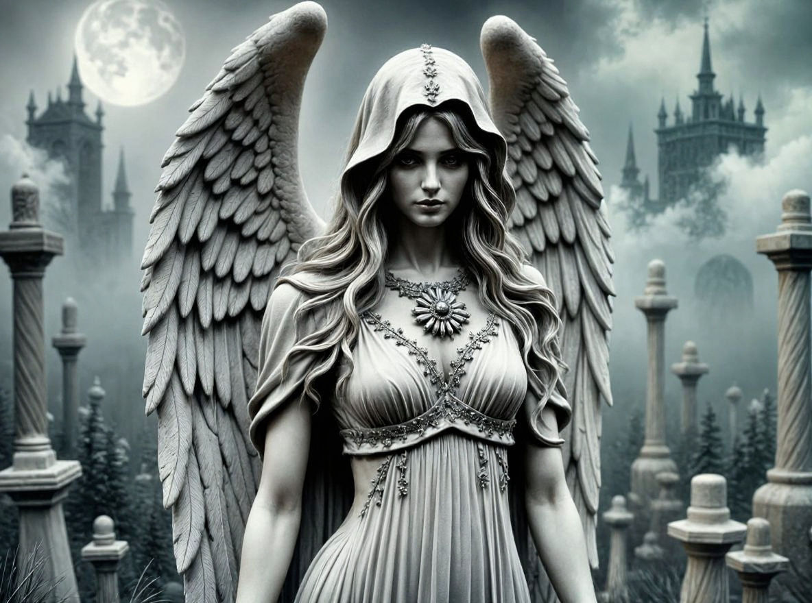 Surreal Gothic Stone Angel in Moody Ink Style