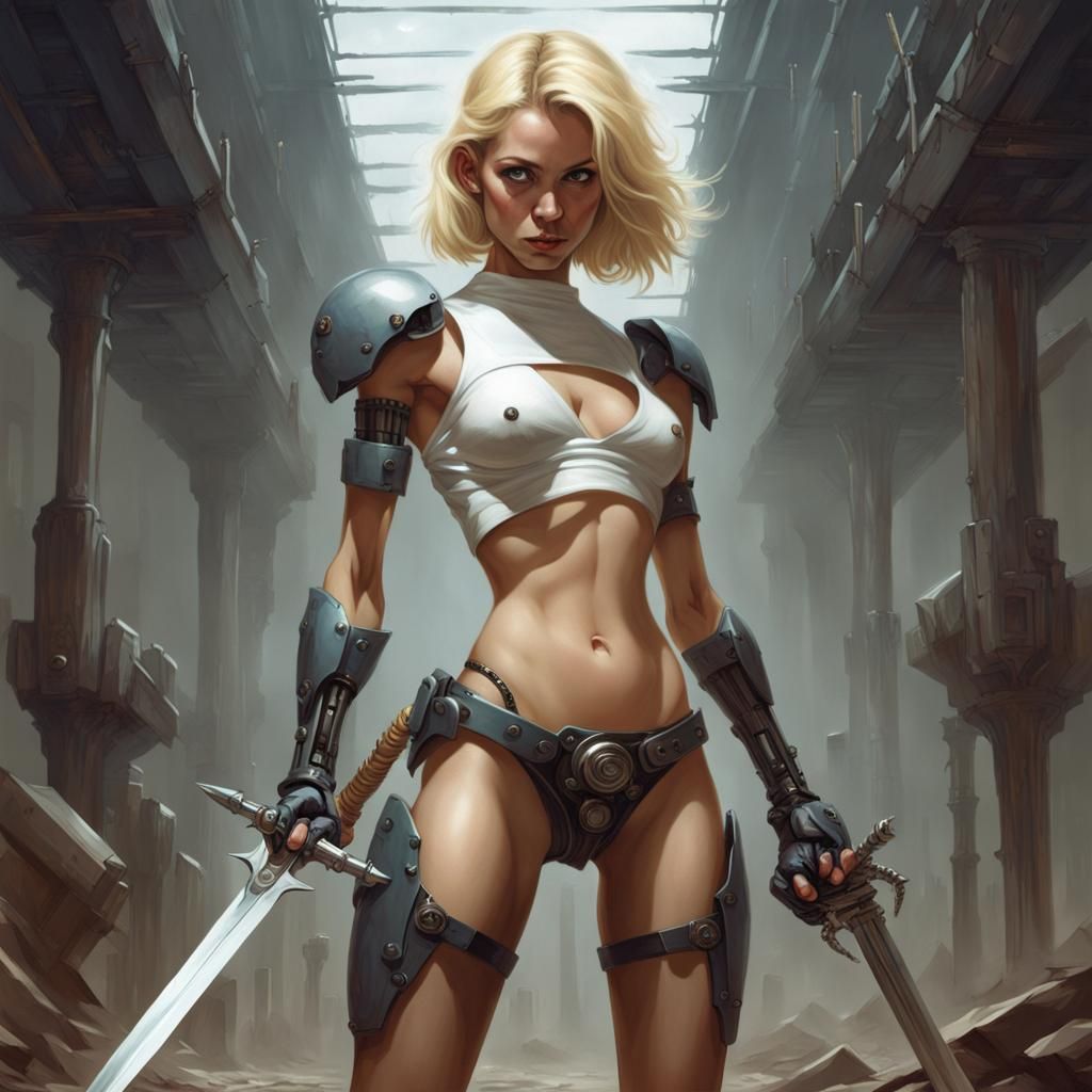 Cyborg Warrior Woman with Sword in Sinister Style