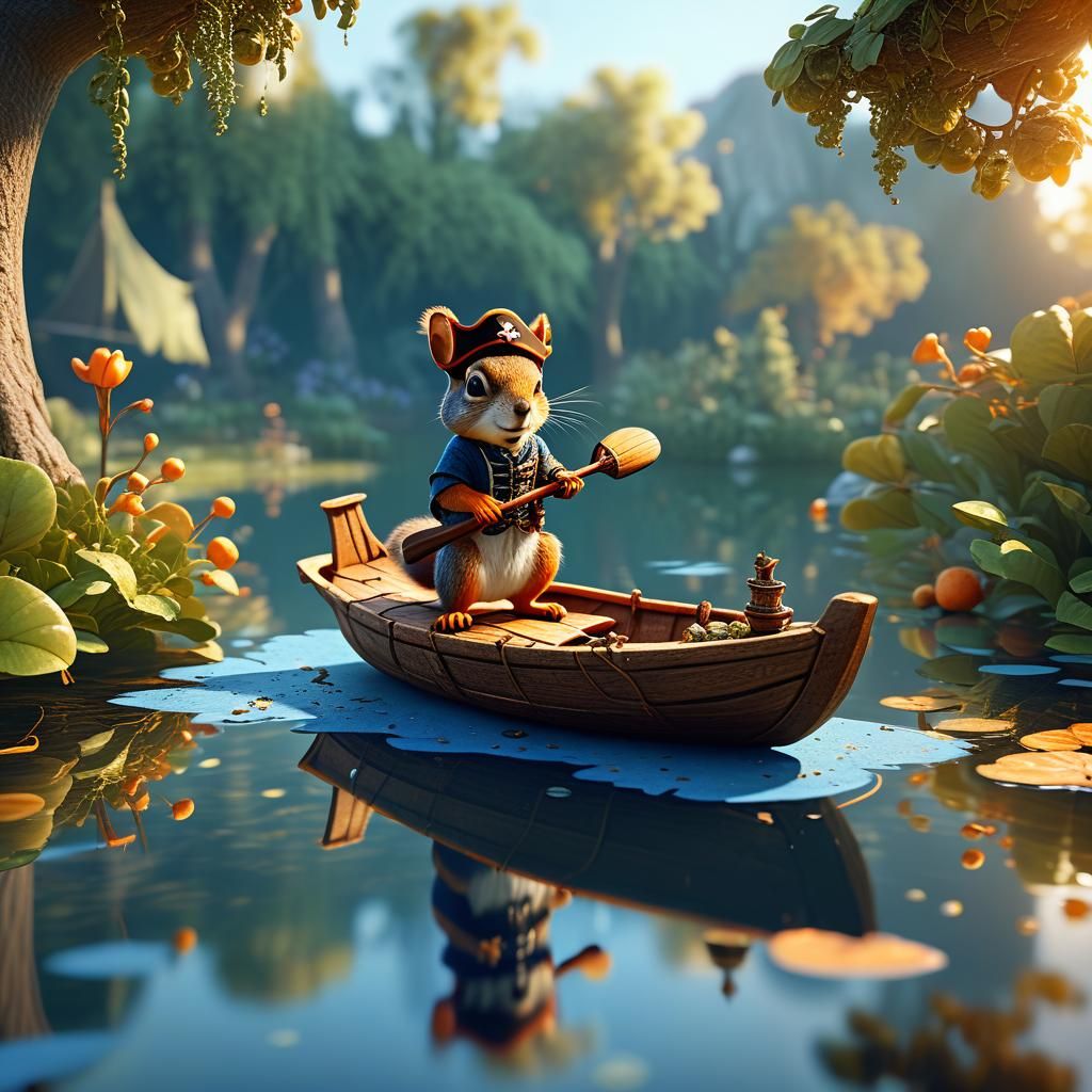 Squirrel Pirate Sailing Walnut Boat: Fantasy Illustration
