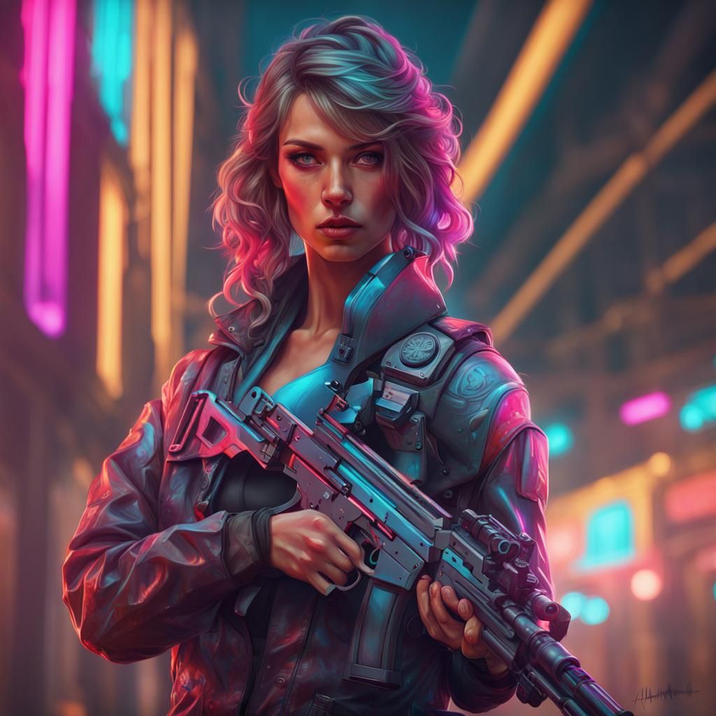 Italian Beauty with Submachine Gun in Neon Future