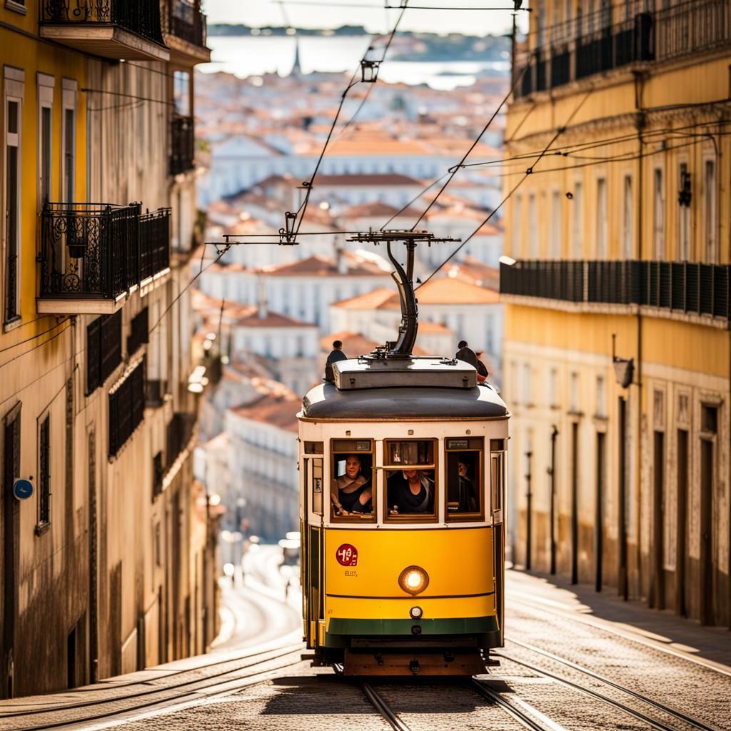 Lisbon Streetcar Ascends City Streets