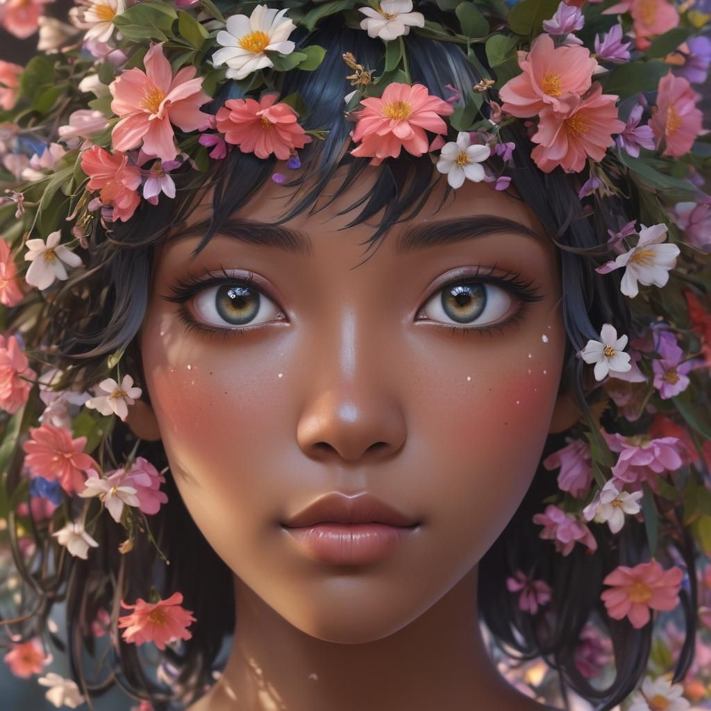 Black Girl with Flower Crown, Anime Style Portrait