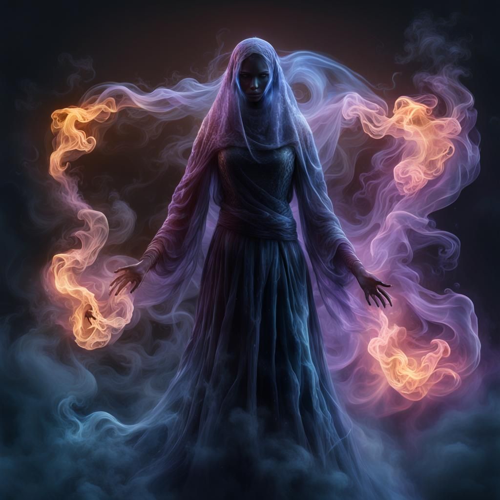 Ethereal Ghost Woman Made of Fluorescent Smoke