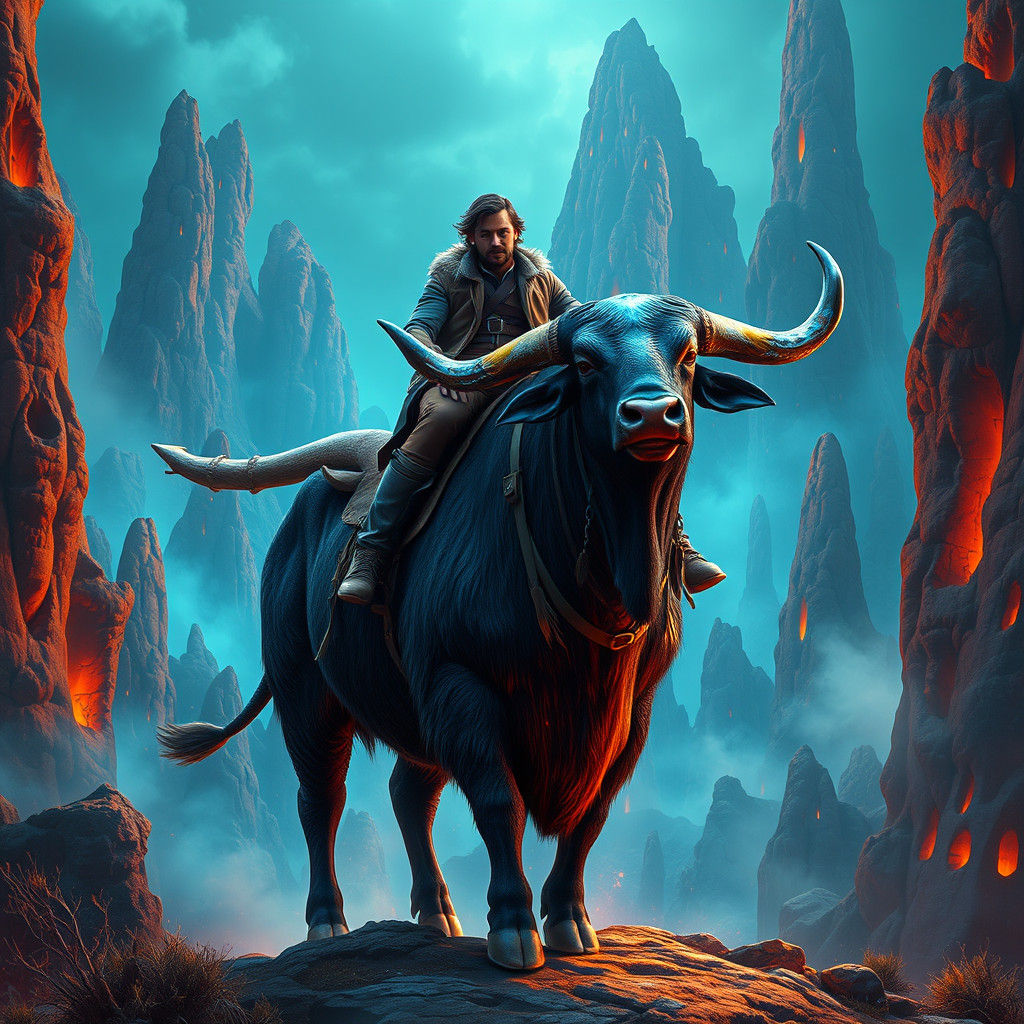 Mythical Bull Rider in a Sci-Fi Landscape