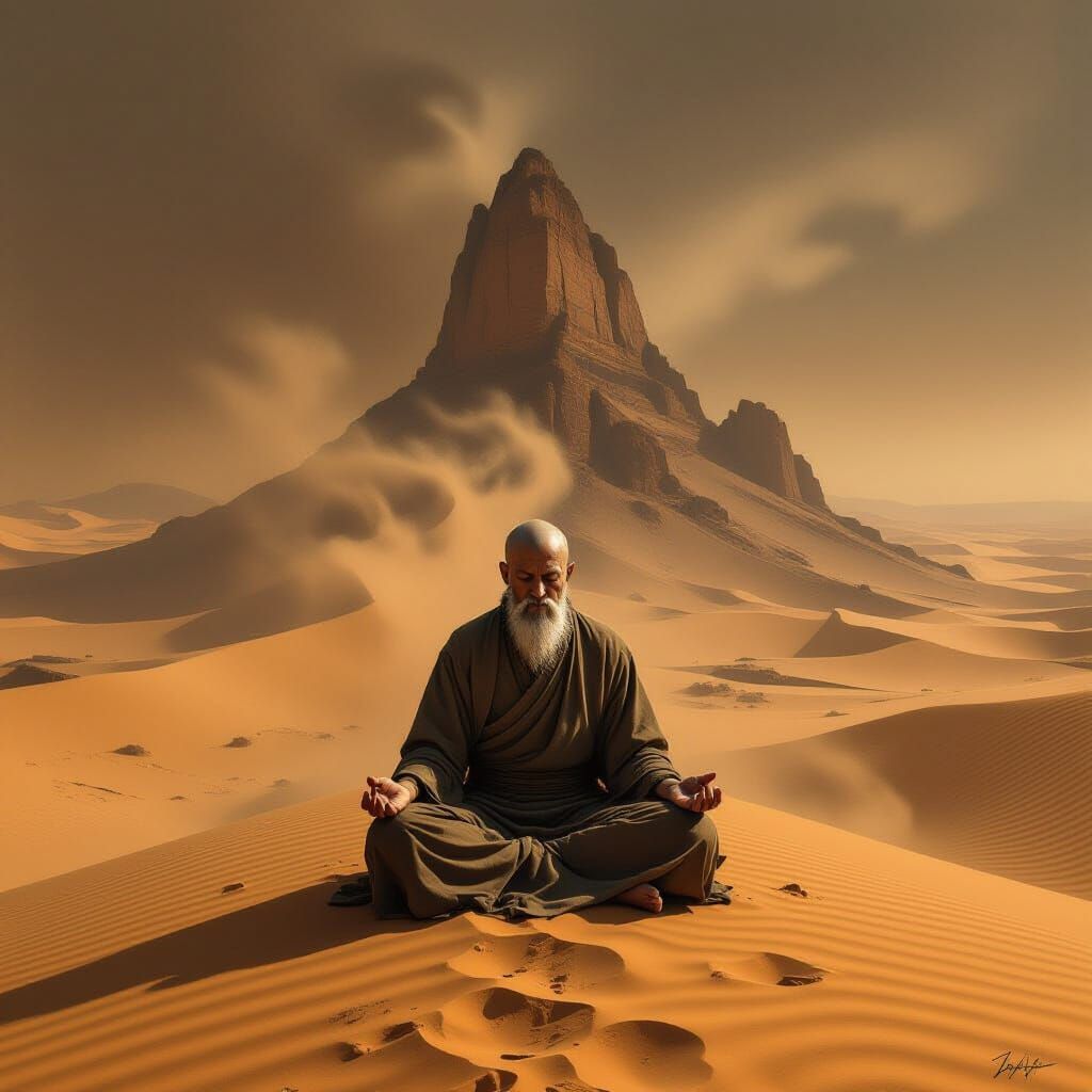Monk Meditating on Desert Mesa in Hyperrealistic Style
