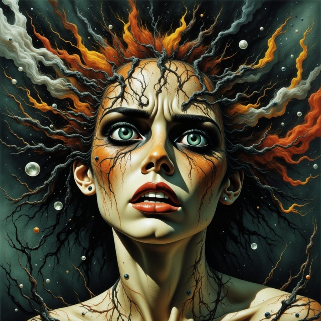 Tormented Woman in a Muted, Expressive Landscape