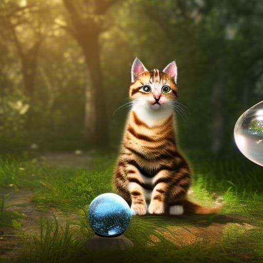 Magical Kitten with Crystal Ball, 3D Cinematic Render