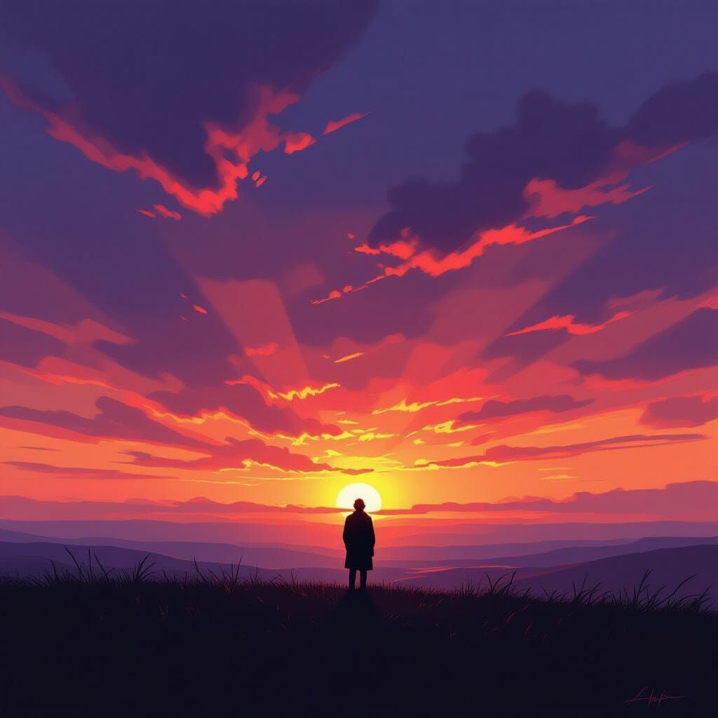 Solitary Figure Against Ethereal Sunset Sky