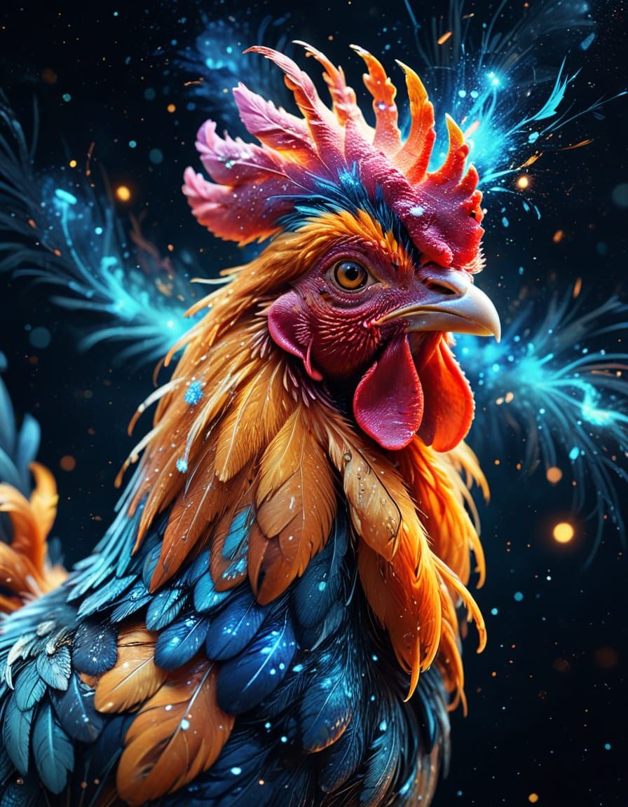 Ethereal Cosmic Rooster in Vibrant Oil Painting