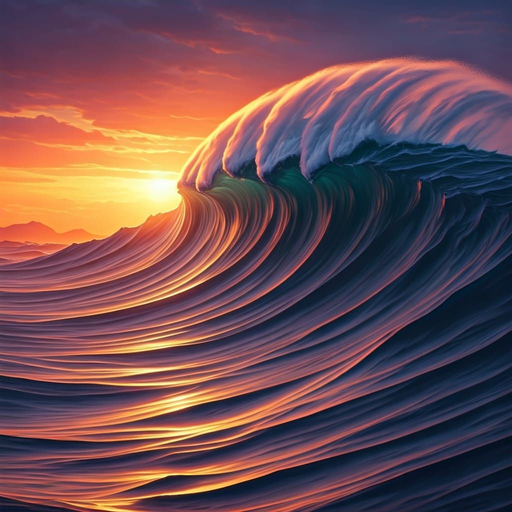 Sunset Over Wild Ocean Waves in Fantasy Art Style