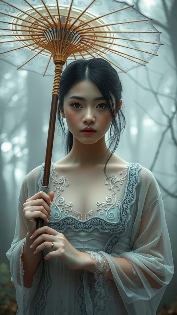 Oriental Woman with Umbrella in Ethereal Forest