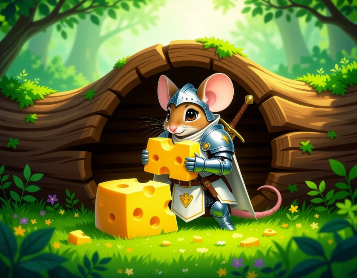 Mouse Paladin Enjoys Cheese in Mystical Forest
