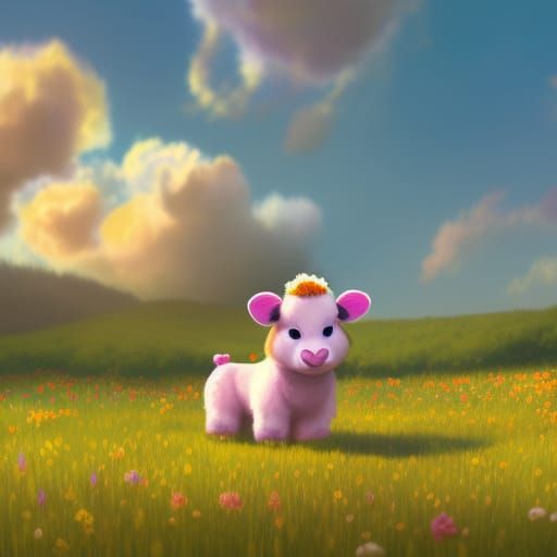 Cute Fluffy Cow in Spring Meadow: 3D Digital Art