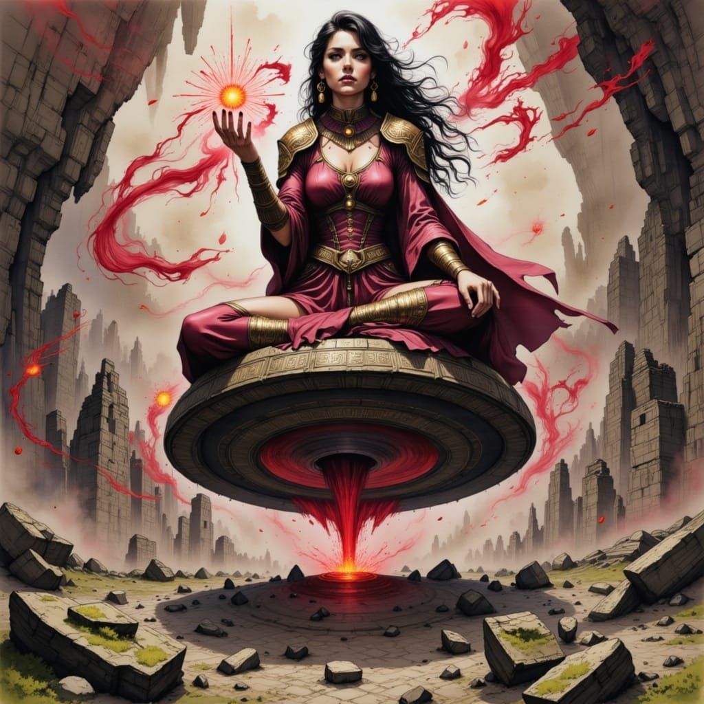 Bloodwytch Sorceress in Dramatic Low-Angle Watercolour