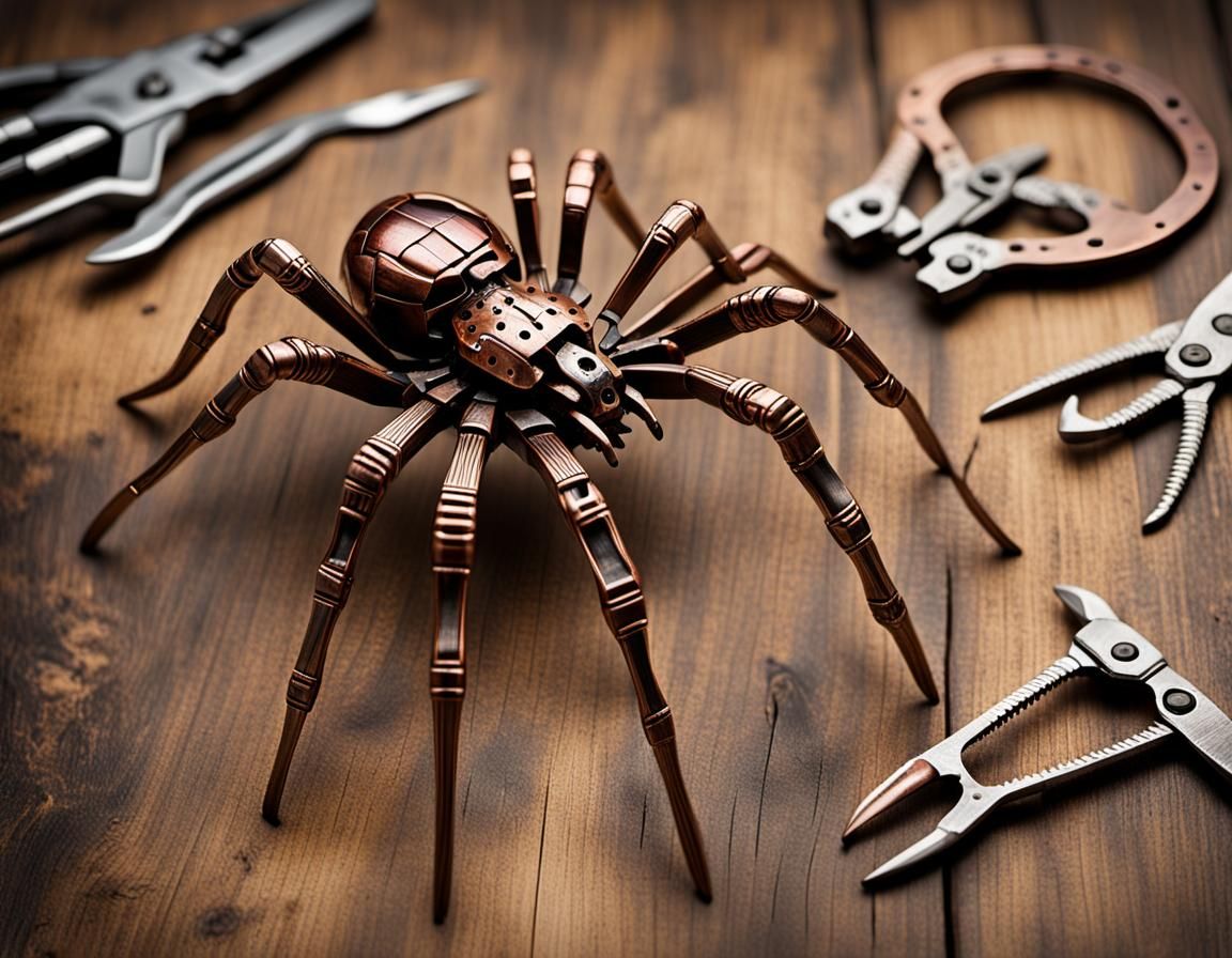 Disassembled Copper Mecha-Spider, HR Giger Style